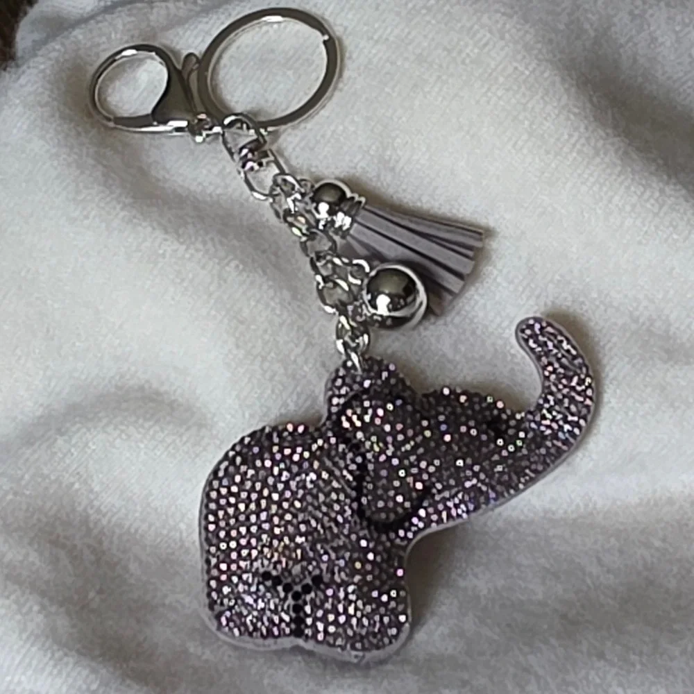 Grey Rhinestone Elephant Bag Charm Keychain with Tassel Silver Tone Hardware